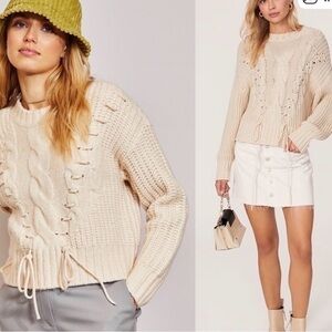 525 AMERICA Dakota Chunky Cable Rib Knit Cropped Fisherman Pullover Sweater S